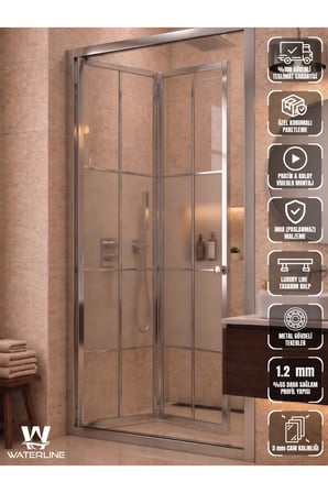 Ön Cephe Katlanır Akordiyon Kapı Krom Profil Karolaj Desen Ortası Buzlu 4mm Temperli Cam H190
