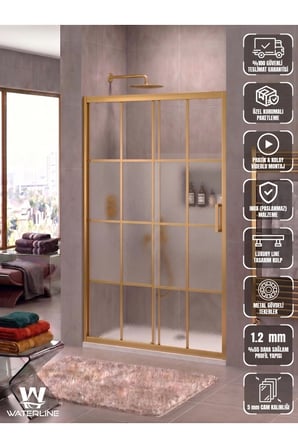 Ön Cephe 1 Sabit 1 Kayar Gold Profil Karolaj Desen Ortası Buzlu 5 mm Temperli Cam H190 cm