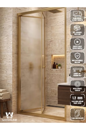 Ön Cephe Katlanır Akordiyon Kapı Gold Profil Buzlu 4mm Temperli Cam H190
