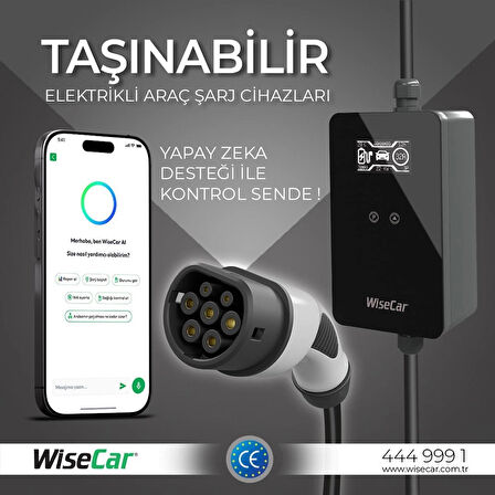 WiseCar WTP3 22 & 11 KW Taşınabilir Yapay Zeka Destekli Akıllı Elektrikli Araç Şarj Cihazı |  Mobil Uygulama & WiseCar AI