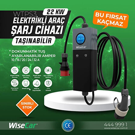 WiseCar WTPS3 22 KW Taşınabilir Elektrikli Araç Şarj Cihazı Mobil Uygulamalı + Wifi + Bluetooth