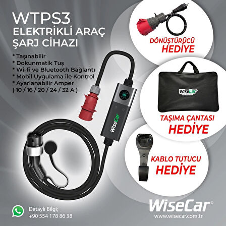 WiseCar WTPS3 22 KW Taşınabilir Elektrikli Araç Şarj Cihazı Mobil Uygulamalı + Wifi + Bluetooth