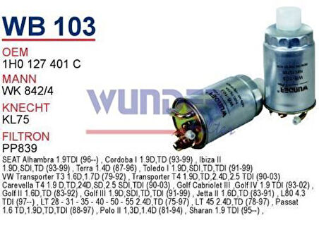 Wunder WB103 Mazot Filtresi Polo Classic Caddy II 96-T4 Cordoba 1.9 TDI 2.5 TDI 2.4D Wk8424 Fn0015 MRMOEM-1080808