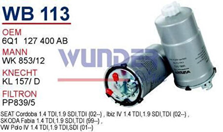 Wunder WB113 Mazot Filtresi Polo IV Cordoba Ibiza IV Fabia MRMOEM-1080865