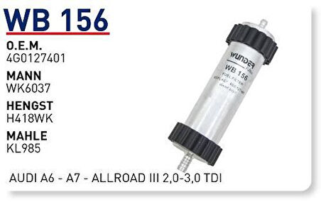 Wunder WB156 Yakıt Filtresi Audi A6-A7-Allroad III 2.0-3.0 TDI Wk6037 MRMOEM-1081122
