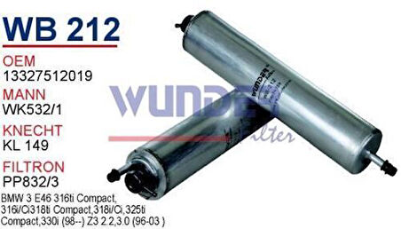 Wunder WB212 Yakıt Filtresi BMW E46 3.16Tı-3.18Tı-3.25 Tı M52-M54 Wk532 1 MRMOEM-1081250
