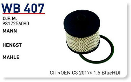 Wunder WB407 Mozat Filtresi Citroen C3 2017-1.5 BlueHDI 9817256080 8680876825192 MRMOEM-1081419