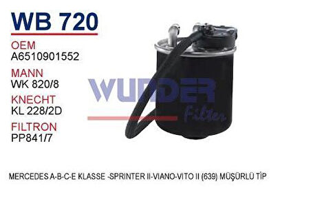 Wunder WB720 Mazot Filtresi Mercedes A-B-C-E-Serisi -Sprinter II-Viano-Vito II 639-Müşürlu Tip Wk82018 MRMOEM-1081747