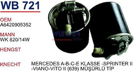 Wunder WB721 Yakıt Filtresi Mercedes A-B-C-E-Serisi -Sprinter II-Viano-Vito II (639) Müşürlu Tip MRMOEM-1081750