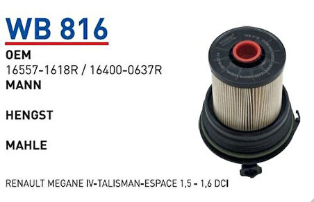 Wunder WB816 Yakıt Filtresi Renault Megane IV-Talisman-Espace 1.5-1.6 DCI 0637R MRMOEM-1081808
