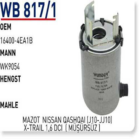 Wunder Wb817/1 Mazot Filtresi Qashqaı 1.5 14> Fn2214