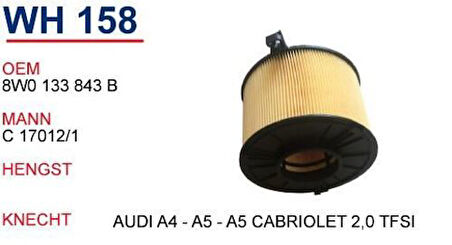 Wunder WH158 Hava Filtresi Audi A4-A5-A5 Cabriolet 2.0 TFSI Fn4766 MRMOEM-1082407
