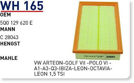 Wunder WH165 Hava Filtresi Volkswagen Arteon-Golf VII-Polo VI-A1-A3-Q3-Ibiza-Leon-Octavia-Leon 1.5 TSI Fn4761 MRMOEM-1082435