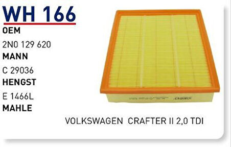 Wunder WH166 Hava Filtresi Volkswagen Crafter II 2.0 TDI MRMOEM-1082436