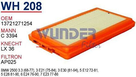 Wunder WH208 Hava Filtresi BMW E12-E21-E28-E30 3 Seriem10-M20-M30 MRMOEM-1082712