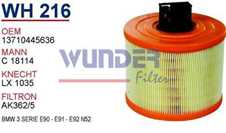 Wunder WH216 Hava Filtresi BMW 3 Serie E90-E91-E92 N52 MRMOEM-1082799