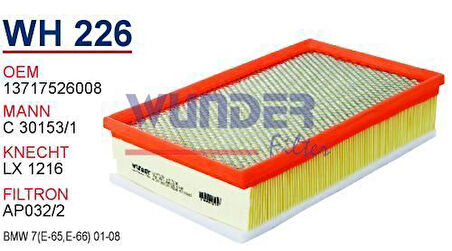 Wunder WH226 Hava Filtresi BMW 7 E65 E66 E67 02-730I II 740I MRMOEM-1082850