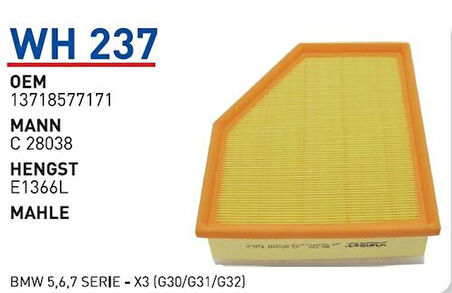 Wunder WH237 Hava Filtresi BMW 5.6.7 Serie-X3 (G30 G31 G32) Fn3839 MRMOEM-1082882
