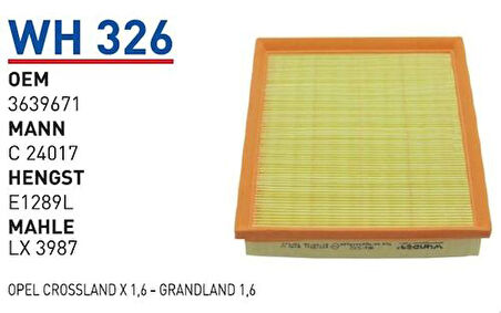 Wunder WH326 Hava Filtresi Opel Crossland X 1.6-Grandland 1.6 MRMOEM-1082973