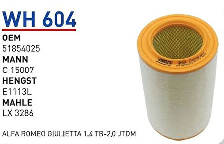 Wunder WH604 Hava Filtresi Giulietta (940) 1.4 Tb-2.0 JTDM 16 V MRMOEM-1083451