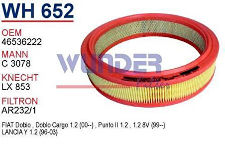 Wunder WH652 Hava Filtresi Fiat Punto II 1.2 99- Doblo 1.2 Benzinli MRMOEM-1083525
