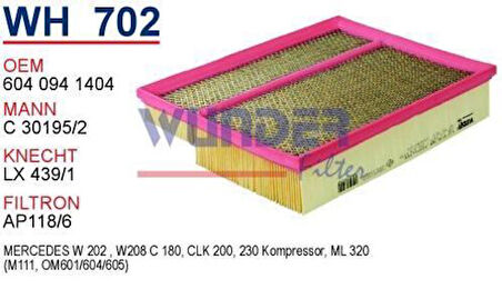 Wunder WH702 Hava Filtresi Mercedes 202 Kasa CLK 200-230 Komp-C200-Ml 320 MRMOEM-1083588