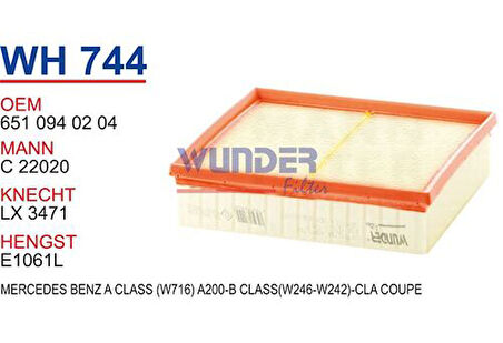 Wunder WH744 Hava Filtresi Mercedes Benz A-Serisi -W716-A200-B Class-W246-W242-CLA Coupe MRMOEM-1083765