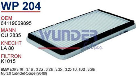 Wunder WP204 Polen Filtresi BMW 3.16-3.18 90-99 Cu2835 Fn8608 MRMOEM-1084407