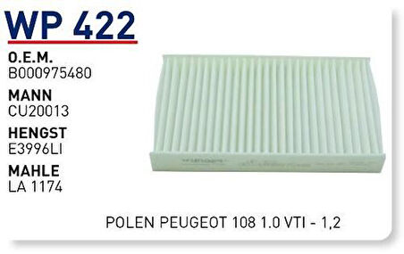 Wunder WP422 Polen Filtresi Peugeot 108 1.0 VTI-1.2 Fn8421 MRMOEM-1084543