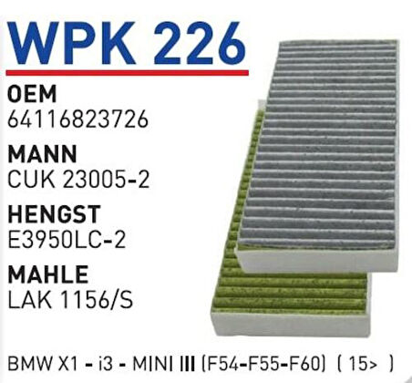 Wunder WPK226 Polen Filtresi Karbonlu Çiftli BMW X1 I3 Cuk23005-2 MRMOEM-1085054