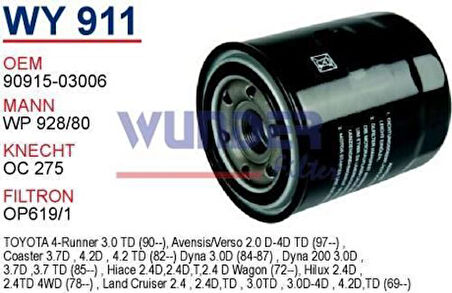 Wunder WY911 Yağ Filtresi Toyota Hiace -Hilux-4Runner 3.0 D Fn1065 MRMOEM-1085734