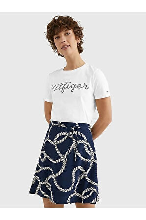 Kadın Pamuklu Yuvarlak Yaka Marka Logolu Ekru T-Shirt WW0WW37888-YBL