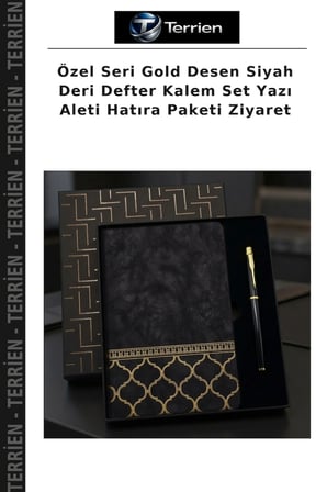 Özel Seri Gold Desen Siyah Deri Defter Kalem Set Yazı Aleti Hatıra Paketi Ziyaret