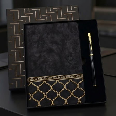 Özel Seri Gold Desen Siyah Deri Defter Kalem Set Yazı Aleti Hatıra Paketi Ziyaret