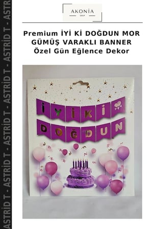 Premium İYİ Kİ DOĞDUN MOR GÜMÜŞ VARAKLI BANNER Özel Gün Eğlence Dekor