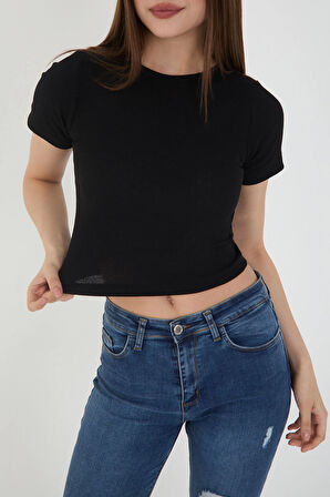 Wearflawless Kadın Bisiklet Yaka Fitilli Kısa Kol Body Crop Bluz