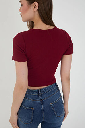 Wearflawless Kadın Bisiklet Yaka Fitilli Kısa Kol Body Crop Bluz