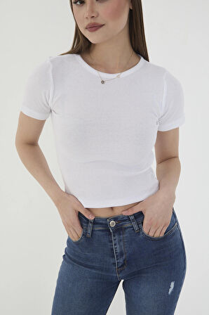 Wearflawless Kadın Bisiklet Yaka Fitilli Kısa Kol Body Crop Bluz