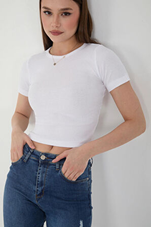 Wearflawless Kadın Bisiklet Yaka Fitilli Kısa Kol Body Crop Bluz