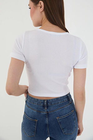 Wearflawless Kadın Bisiklet Yaka Fitilli Kısa Kol Body Crop Bluz