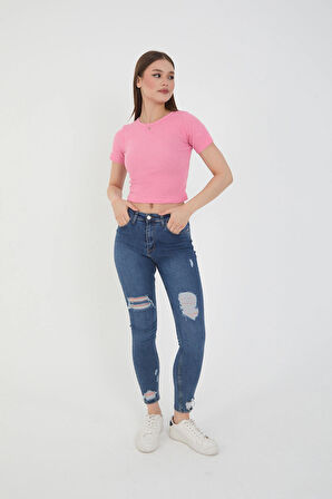 Wearflawless Kadın Bisiklet Yaka Fitilli Kısa Kol Body Crop Bluz