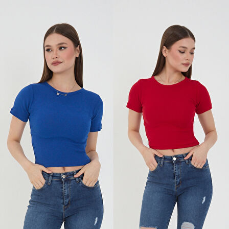 Wearflawless Kadın 2'li Kısa Kollu Fitilli Bisiklet Yaka Pamuklu Örme Kaşkorse Crop T-Shirt Bluz