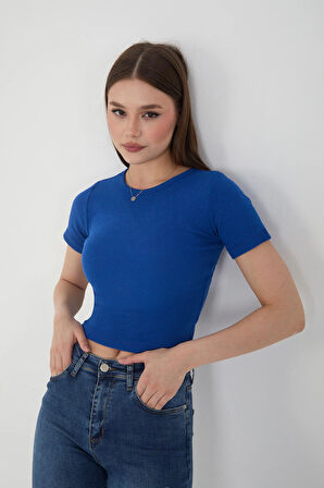 Wearflawless Kadın 2'li Kısa Kollu Fitilli Bisiklet Yaka Pamuklu Örme Kaşkorse Crop T-Shirt Bluz