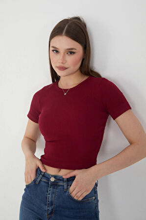 Wearflawless Kadın 2'li Kısa Kollu Fitilli Bisiklet Yaka Pamuklu Örme Kaşkorse Crop T-Shirt Bluz