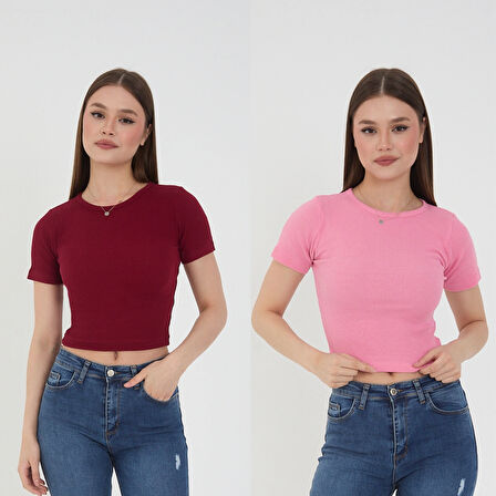 Wearflawless Kadın 2'li Kısa Kollu Fitilli Bisiklet Yaka Pamuklu Örme Kaşkorse Crop T-Shirt Bluz