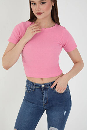 Wearflawless Kadın 2'li Kısa Kollu Fitilli Bisiklet Yaka Pamuklu Örme Kaşkorse Crop T-Shirt Bluz