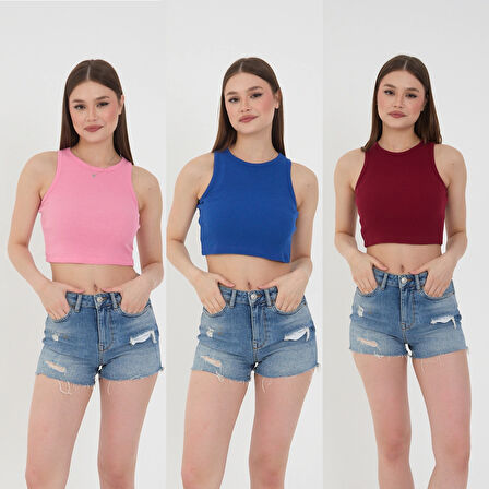 Wearflawless Kadın 3 lü Adet Fitilli PAMUKLU Örme Kaşkorse Crop Bluz ATlet