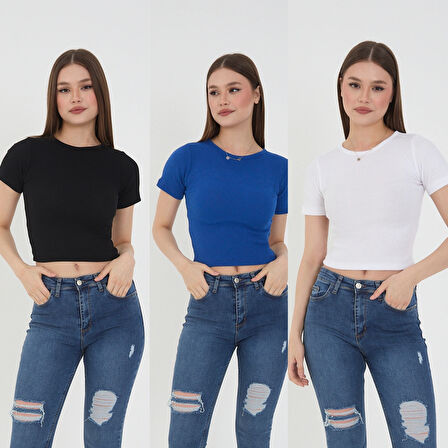 Wearflawless Kadın 3 lü Kısa Kollu Fitilli Bisiklet Yaka %100 Pamuklu Örme Kaşkorse Crop T-Shirt