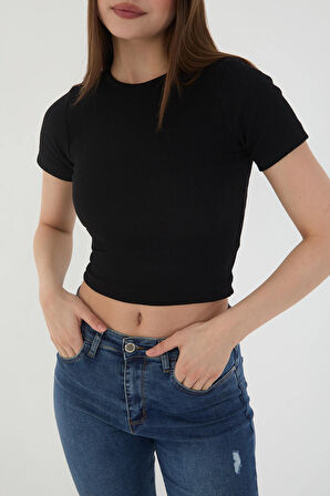 Wearflawless Kadın 3 lü Kısa Kollu Fitilli Bisiklet Yaka %100 Pamuklu Örme Kaşkorse Crop T-Shirt