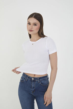 Wearflawless Kadın 3 lü Kısa Kollu Fitilli Bisiklet Yaka %100 Pamuklu Örme Kaşkorse Crop T-Shirt